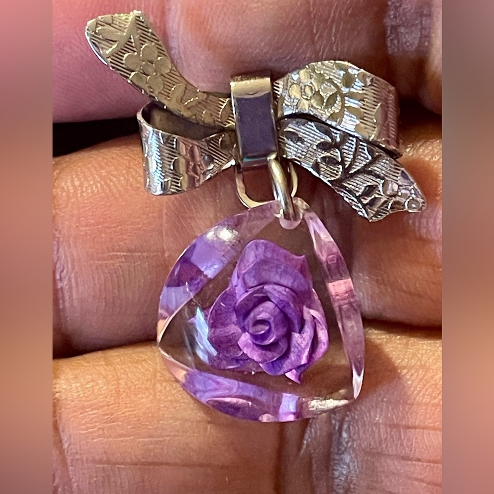 Purple Rose Pendant with Textured Silver Tone Bow Brooch Pin